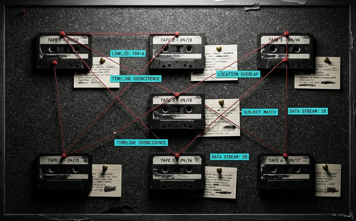 Tablero de evidencia de Loopwalker con casetes, notas y conexiones de hilo rojo.