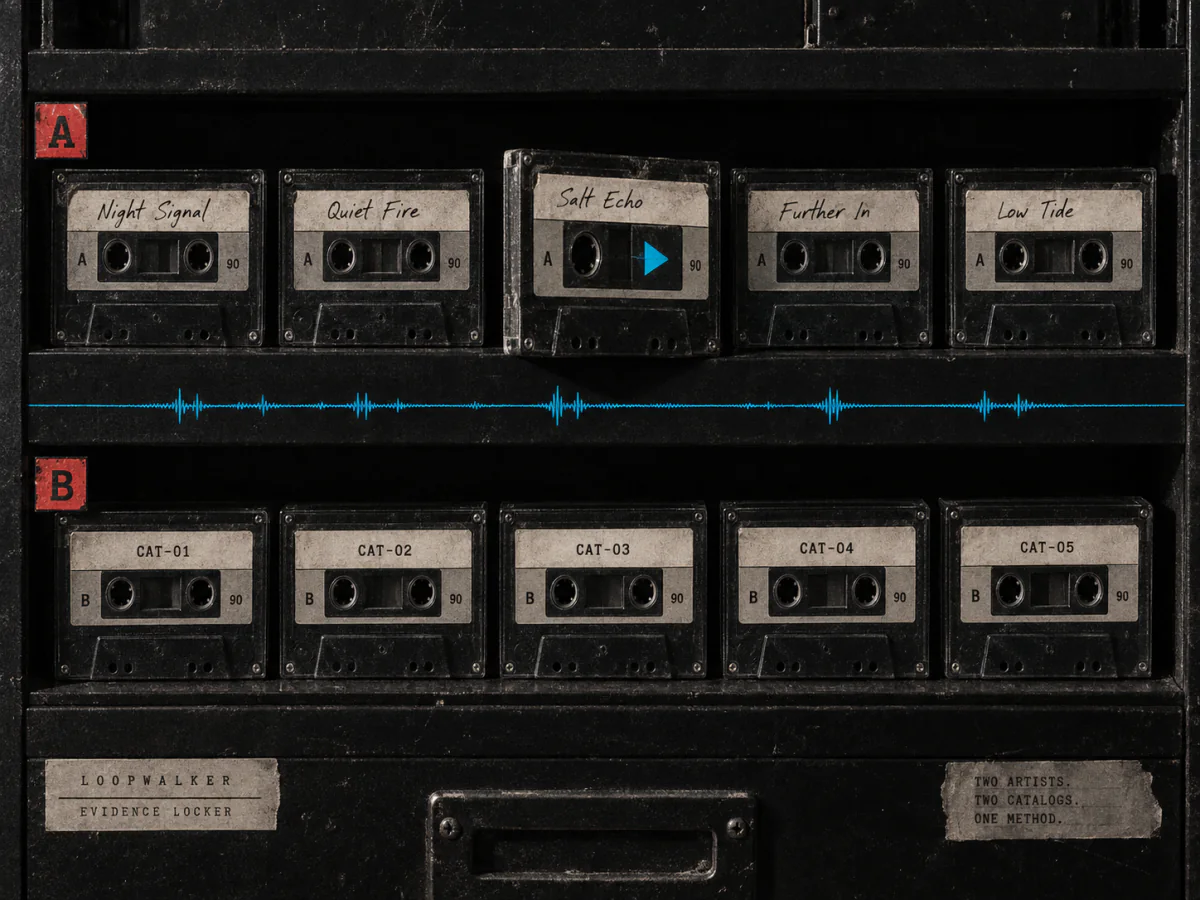 Loopwalker cassette archive showing two sides of the catalog